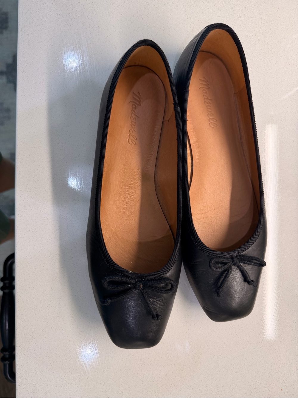 Madewell Black Leather Square-Toe Ballet Flats with Bow